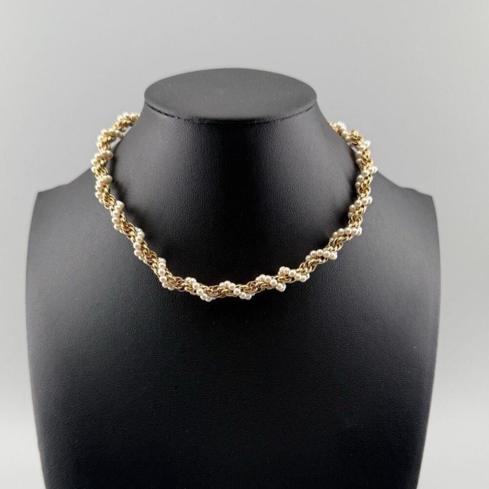Vintage Coro Gold Tone Twisted Rope Faux Seed Pearl Choker Necklace Signed